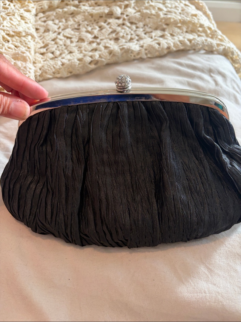Neiman Marcus Elegant Black Ruched Evening Clutch with Rhinestone Kiss Lock